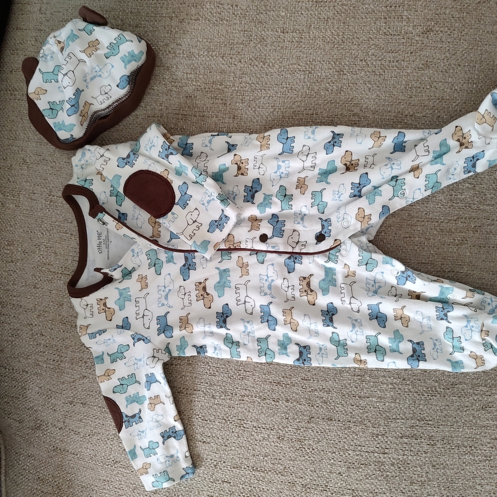 Adorable Dog Print Baby Footie Pajamas & Hat